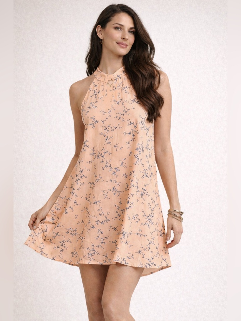 Lulus Peach Floral Halter Dress Mini A-Line Tie Back Size S